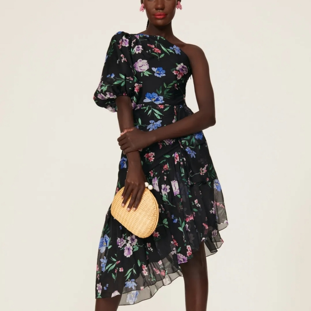 Shoshanna one shoulder puff sleeve floral dress
